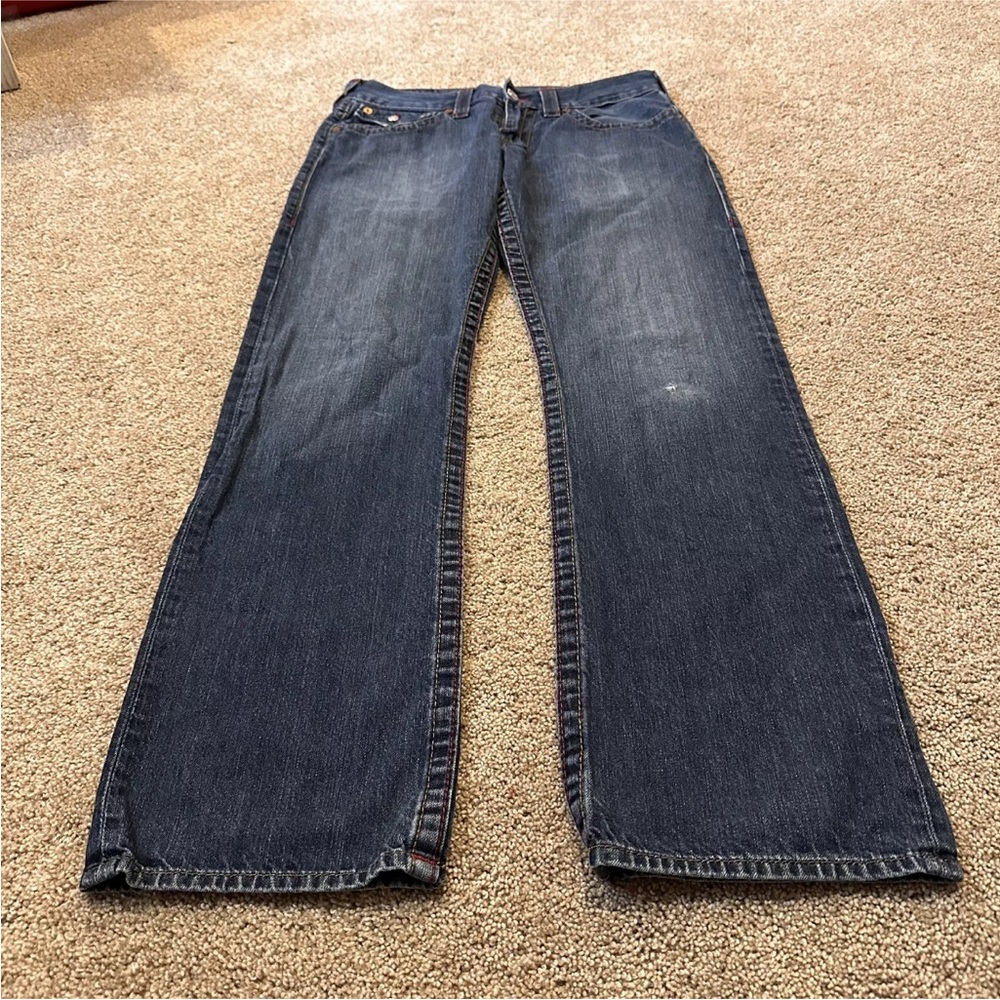 TRUE RELIGION Denim Jeans Blue Men's Size 32 #112790 Straight Leg Distressed EUC - Picture 7 of 16